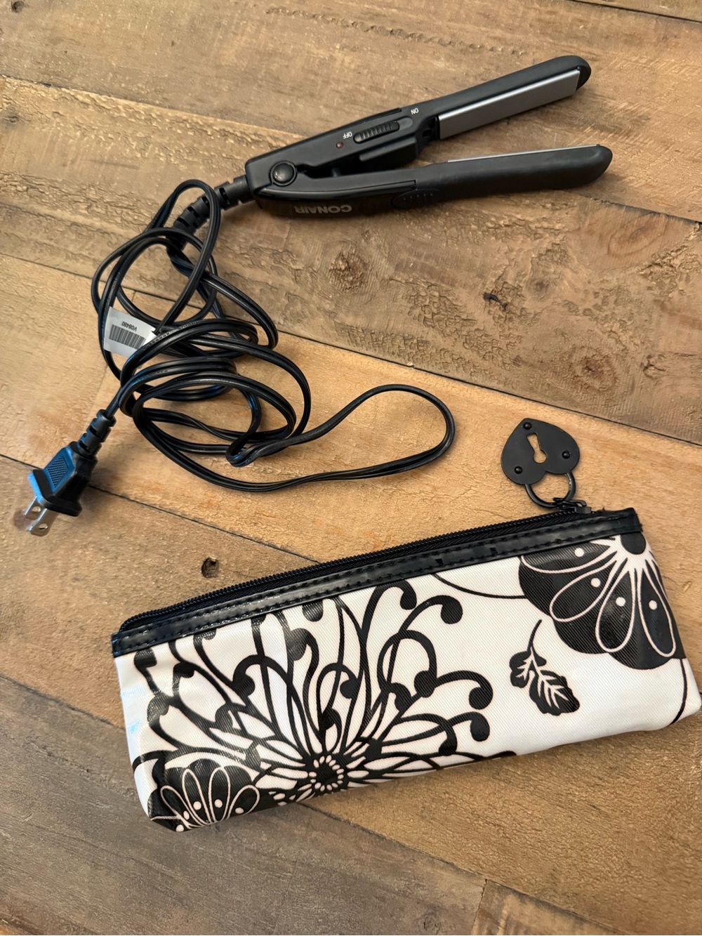 Compact Black Mini Hair Straightener with Floral Carry Pouch